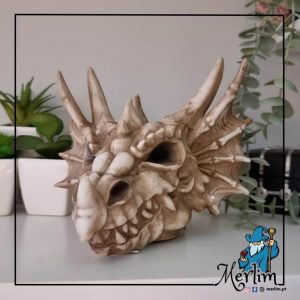 Caveira decorativa cabeça dragão em resina mealheiro