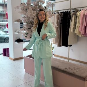 Fato calça e blazer forrado verde agua